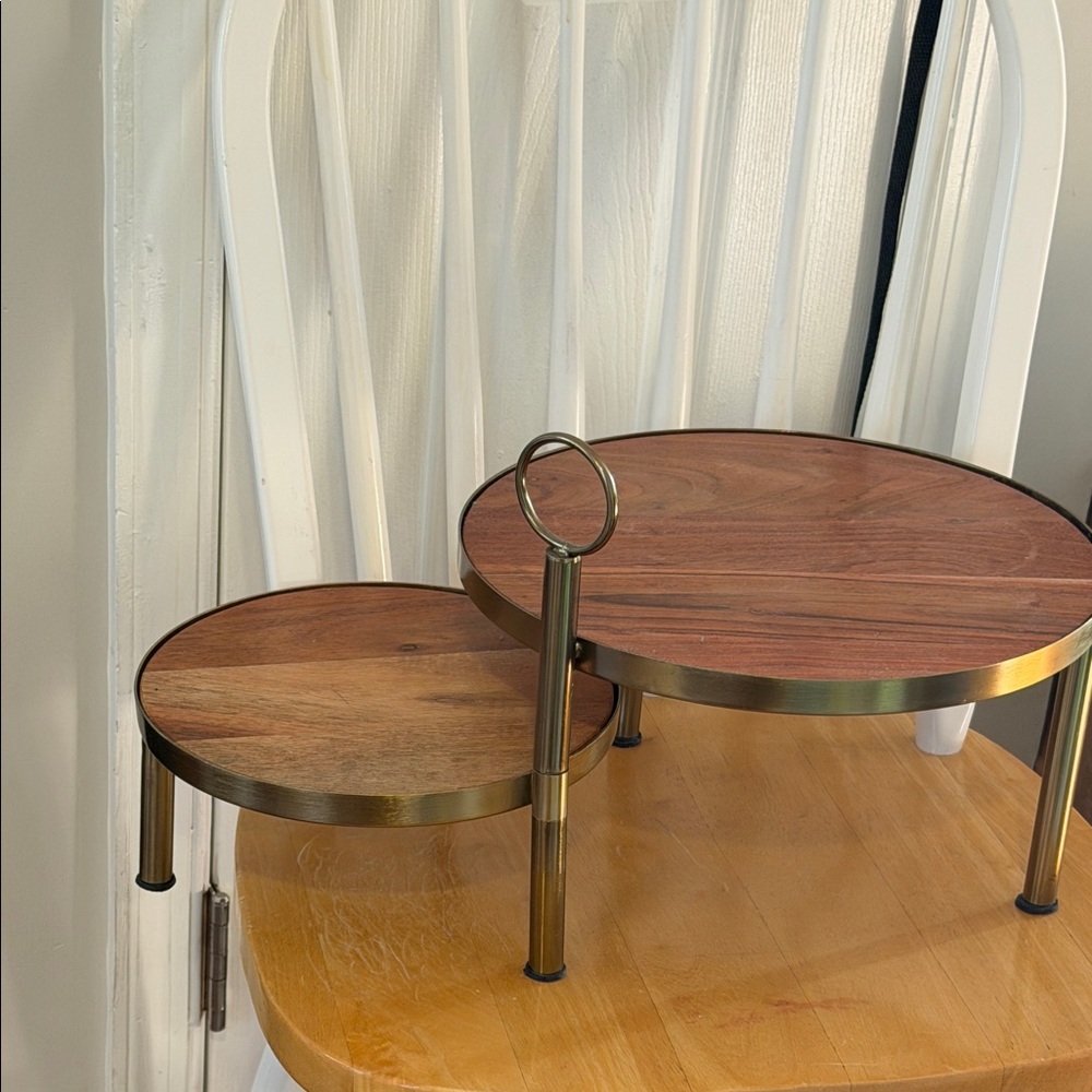 Two-Tier Round Serving Stand with Brass Trim - Wood Tops